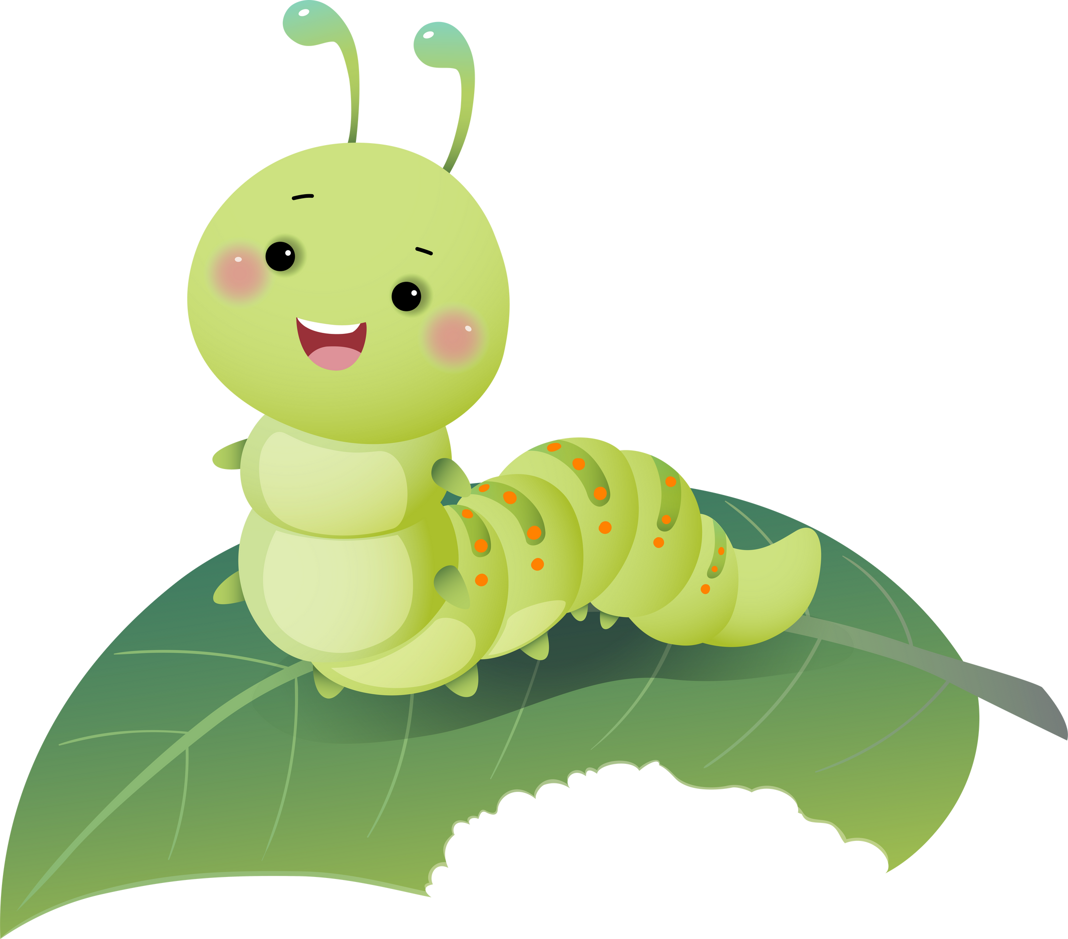 Cartoon caterpillar chewing green leaf